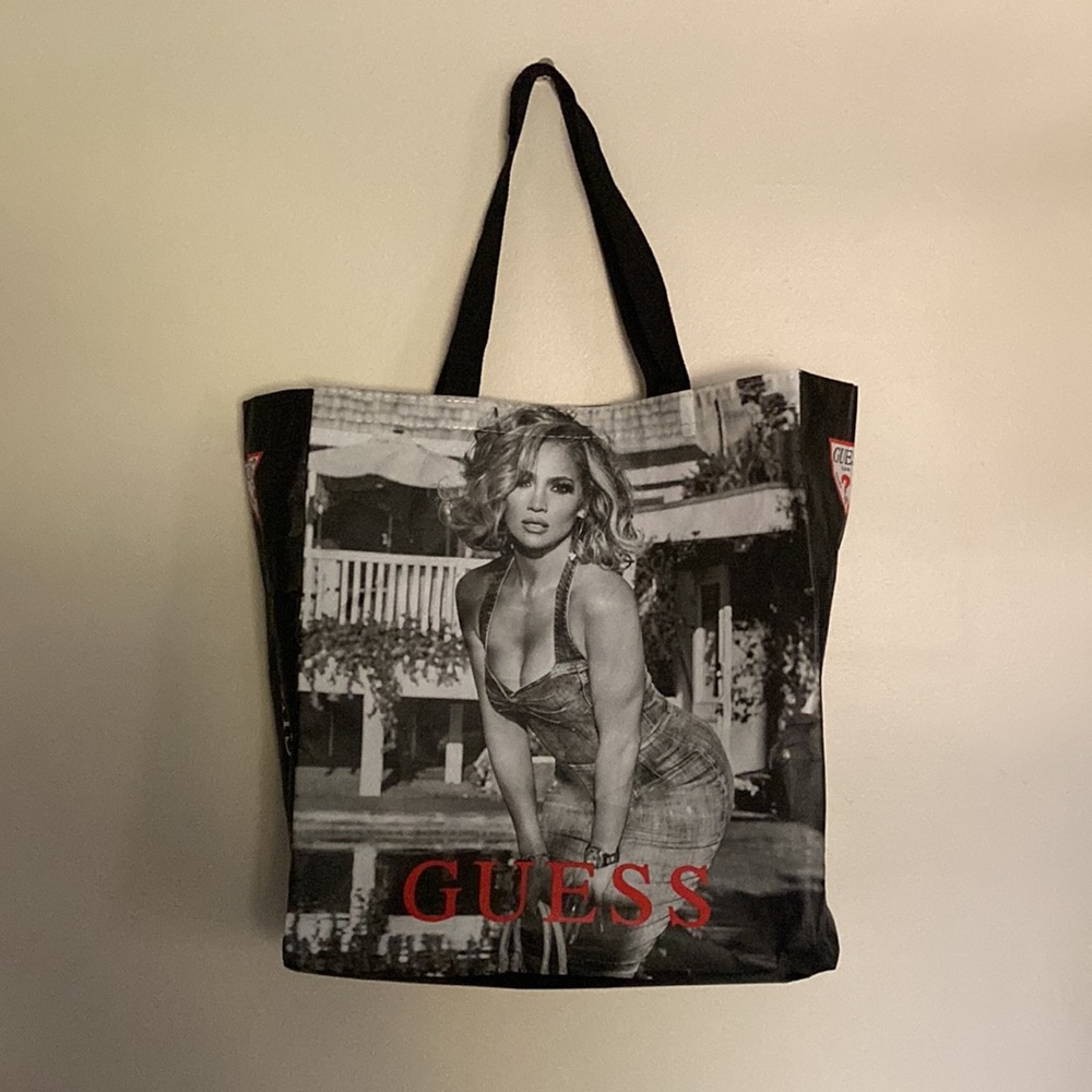 GUESS JLo Reusable Shopping Bag Jennifer Lopez Black and White Tote Bag
